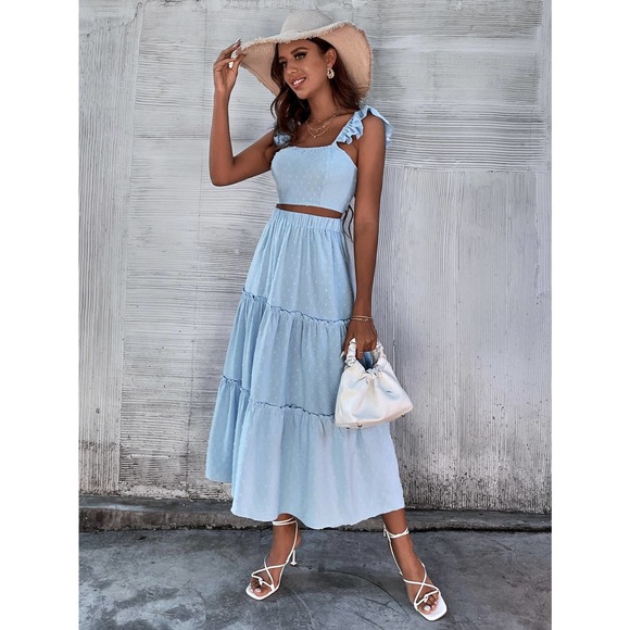 2 piece set: crop top & maxi skirt Swiss Dot Ruffle Trim Top Ruffle Hem blue - Picture 5 of 6